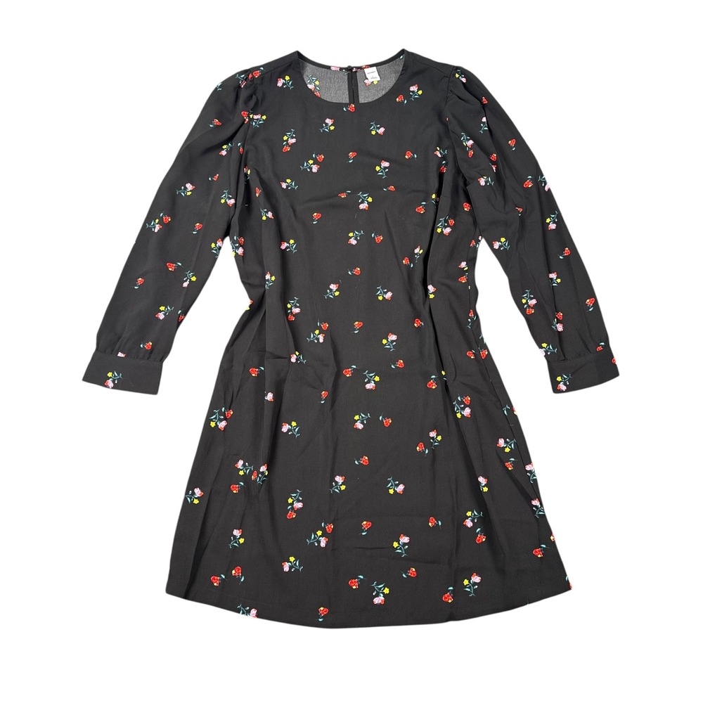 Old Navy Womens L Black Ditsy Floral Puff‎ Sleeve Shift Dress Long Sleeve  721